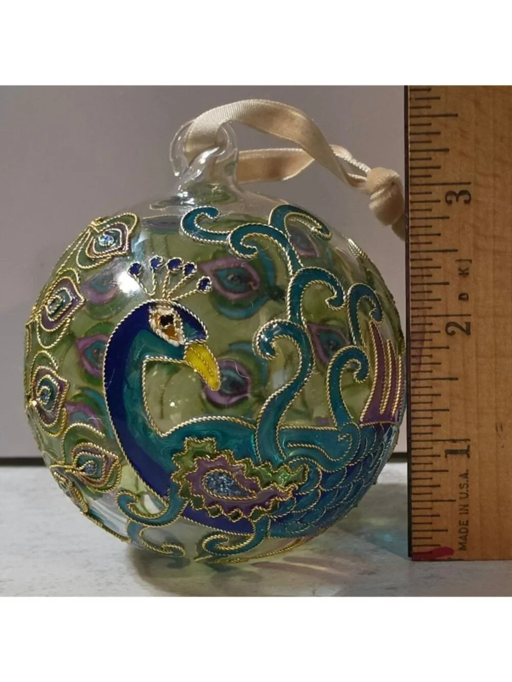 World Market Peacock Cloisonne Glass Christmas Ornament 3